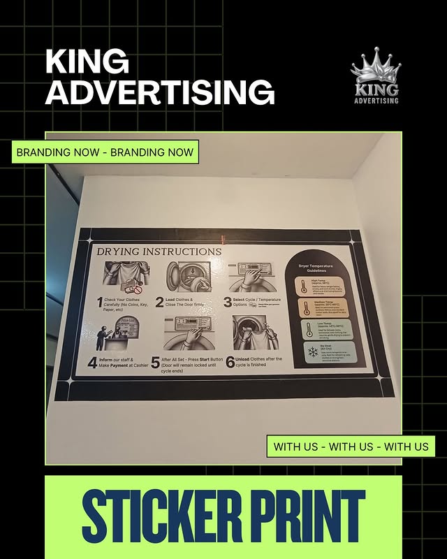 Pemasangan produk sticker print untuk instruksi operasional mandiri mesin pengering komersial di Badung Bali.