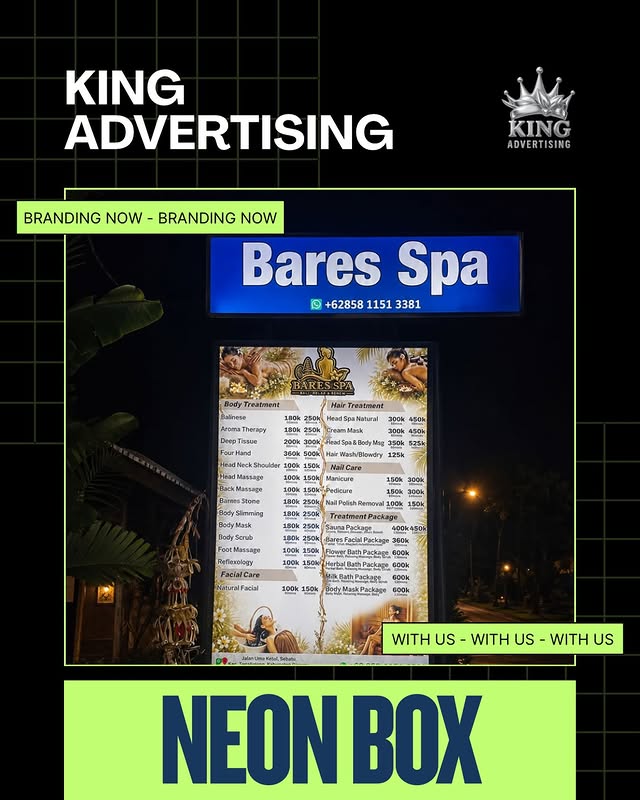 papan nama dan neon box menu spa berpendar terang di malam hari dari jasa neon box spa bali.